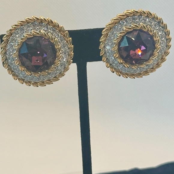 Swarovski SAL Rhinestone Dentelle Faceted Faux Amethyst Earrings - Picture 3 of 5